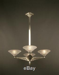 Art Deco Chandeliers Pierre Davesn Bronze Old Silver And Glass Molded-pressed