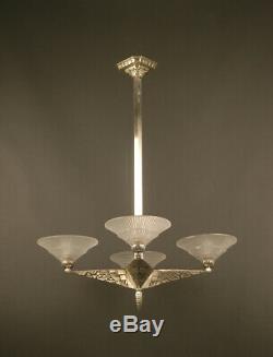 Art Deco Chandeliers Pierre Davesn Bronze Old Silver And Glass Molded-pressed