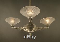 Art Deco Chandeliers Pierre Davesn Bronze Old Silver And Glass Molded-pressed