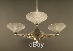 Art Deco Chandeliers Pierre Davesn Bronze Old Silver And Glass Molded-pressed