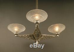 Art Deco Chandeliers Pierre Davesn Bronze Old Silver And Glass Molded-pressed