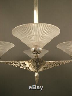 Art Deco Chandeliers Pierre Davesn Bronze Old Silver And Glass Molded-pressed