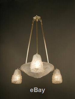 Art Deco Chandeliers Ros (degué) Brass, Bronze Viel Silver And Glass Molded-pressed
