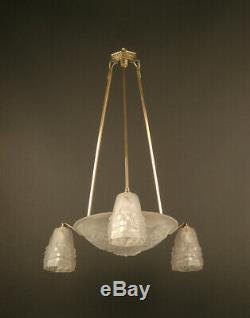 Art Deco Chandeliers Ros (degué) Brass, Bronze Viel Silver And Glass Molded-pressed