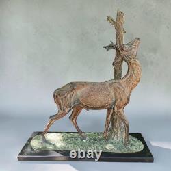 Art Deco Deer Sculpture, Regule with Bronze Patina, Signed CHAM RULAS, Marble, 73 cm, 1930