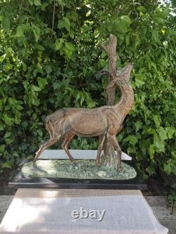 Art Deco Deer Sculpture, Regule with Bronze Patina, Signed CHAM RULAS, Marble, 73 cm, 1930