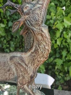 Art Deco Deer Sculpture, Regule with Bronze Patina, Signed CHAM RULAS, Marble, 73 cm, 1930