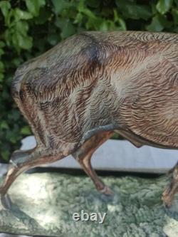 Art Deco Deer Sculpture, Regule with Bronze Patina, Signed CHAM RULAS, Marble, 73 cm, 1930