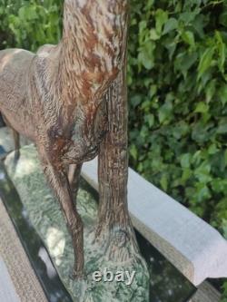 Art Deco Deer Sculpture, Regule with Bronze Patina, Signed CHAM RULAS, Marble, 73 cm, 1930