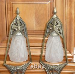 Art Deco Desk Lamp Pair in Bronze with Pressed Glass Tulip Signed Hubens