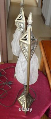 Art Deco Desk Lamp Pair in Bronze with Pressed Glass Tulip Signed Hubens