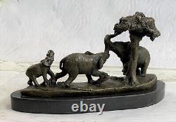 Art Deco Elephant Cast Iron Family With Tree Bronze Sculpture Marble Statue Gift