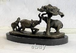 Art Deco Elephant Cast Iron Family With Tree Bronze Sculpture Marble Statue Gift