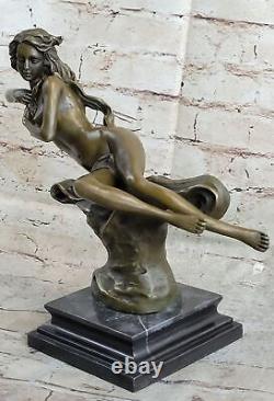 Art Deco Erotic Nude Nymph Bronze Statue Figurine Marble Sculpture Decor