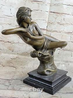 Art Deco Erotic Nude Nymph Bronze Statue Figurine Marble Sculpture Decor
