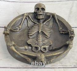 Art Deco Figurative Bronze Skull Skeleton Chair Statue Sculpture Ashtray Gift