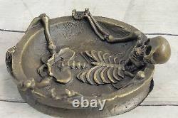 Art Deco Figurative Bronze Skull Skeleton Chair Statue Sculpture Ashtray Gift