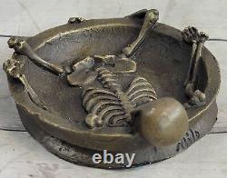 Art Deco Figurative Bronze Skull Skeleton Chair Statue Sculpture Ashtray Gift