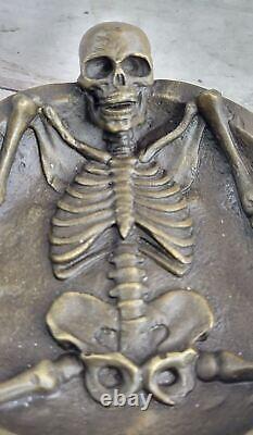 Art Deco Figurative Bronze Skull Skeleton Chair Statue Sculpture Ashtray Gift