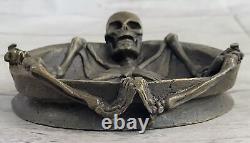 Art Deco Figurative Bronze Skull Skeleton Chair Statue Sculpture Ashtray Gift