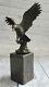 Art Deco Flying Eagle Holding A Fish 100% Bronze Sculpture Statue Figurine