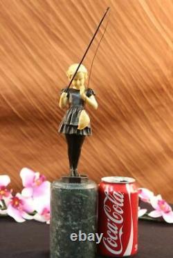 Art Deco Font Fishing Young Girl Bronze Sculpture False Os Opens'lost' Cire