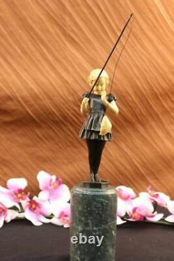 Art Deco Font Fishing Young Girl Bronze Sculpture False Os Opens'lost' Cire