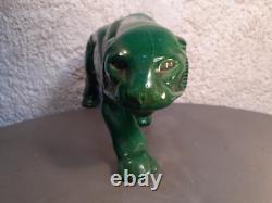 Art Deco Green Ceramic Panther Lion St. Clément Bronze Animal Statue