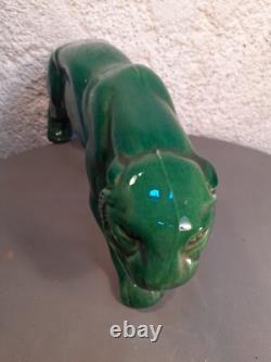 Art Deco Green Ceramic Panther Lion St. Clément Bronze Animal Statue
