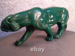 Art Deco Green Ceramic Panther Lion St. Clément Bronze Animal Statue