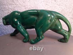 Art Deco Green Ceramic Panther Lion St. Clément Bronze Animal Statue