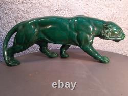 Art Deco Green Ceramic Panther Lion St. Clément Bronze Animal Statue