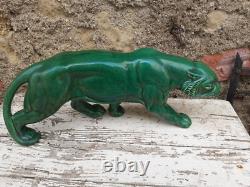 Art Deco Green Ceramic Panther Lion St. Clément Bronze Animal Statue