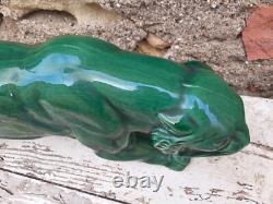 Art Deco Green Ceramic Panther Lion St. Clément Bronze Animal Statue