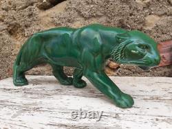 Art Deco Green Ceramic Panther Lion St. Clément Bronze Animal Statue