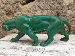 Art Deco Green Ceramic Panther Lion St. Clément Bronze Animal Statue