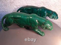 Art Deco Green Ceramic Panther Lion St. Clément Bronze Animal Statue
