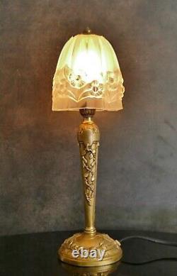 Art Deco Lamp Bronze Tulip Pressed Glass Molded Era Degué Muller