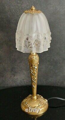 Art Deco Lamp Bronze Tulip Pressed Glass Molded Era Degué Muller