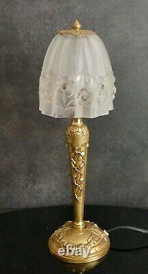 Art Deco Lamp Bronze Tulip Pressed Glass Molded Era Degué Muller