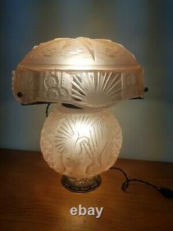 Art Deco Lamp In Bronze And Pink Molded Glass Muller Freres Luneville