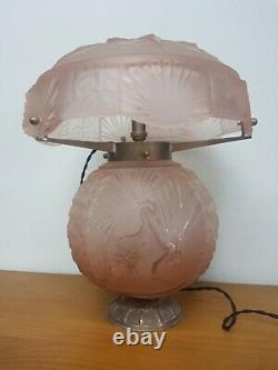 Art Deco Lamp In Bronze And Pink Molded Glass Muller Freres Luneville