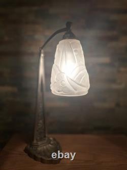 Art Deco Lamp Silvered Bronze + Pressed Glass Degué. French Lamp