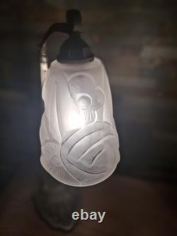 Art Deco Lamp Silvered Bronze + Pressed Glass Degué. French Lamp