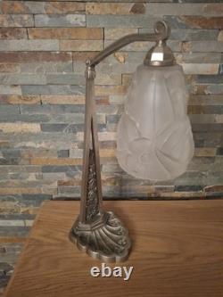 Art Deco Lamp Silvered Bronze + Pressed Glass Degué. French Lamp
