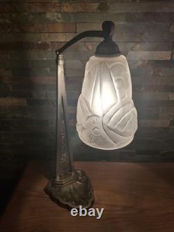 Art Deco Lamp Silvered Bronze + Pressed Glass Degué. French Lamp