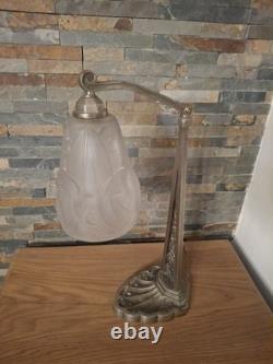 Art Deco Lamp Silvered Bronze + Pressed Glass Degué. French Lamp