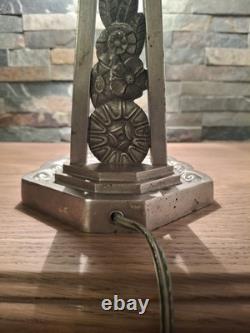 Art Deco Lamp Silvered Bronze + Pressed Glass Degué. French Lamp