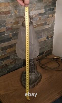 Art Deco Lamp Silvered Bronze + Pressed Glass Degué. French Lamp