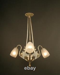 Art Deco Lustre In Bronze Old Silver And Frosted Glass